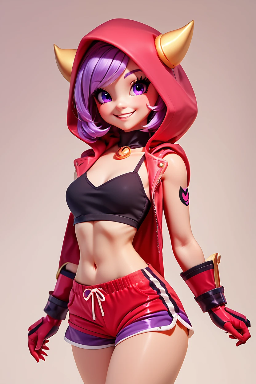 score_9, score_8_up, score_8, medium breasts, (curvy), cute, eyelashes,       BREAK, , zzCourtney, purple hair, short hair, purple eyes, red hood, fake horns, gloves, team magma uniform, black bra, dolphin shorts, <lora:Courtney_Pokemon_PDXL_Citron:1.0>, , BREAK, smile, looking at viewer, cowboy shot, embedding:zPDXL, Expressiveh, <lora:BeautifulCAT_PDXL:1.0>,  <lora:SDXLFaeTastic2400:0.5>,  <lora:Expressive_H-000001:0.4>,