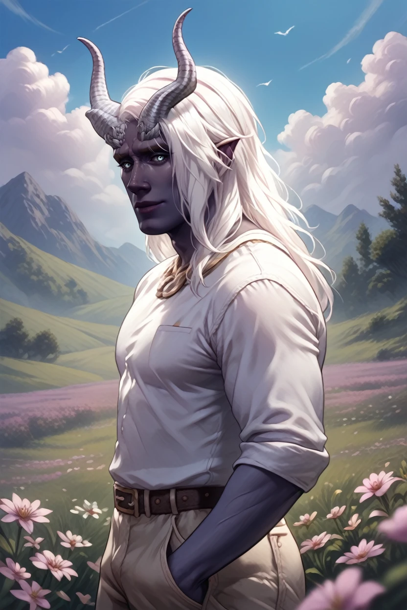 score_9, score_8_up, score_7_up, score_6_up
<lora:BGMyDreamBoy:1.0>
BGMyDreamBoy, 1boy, white hair, long hair, purple skin, demon horns, looking at viewer, standing in a field of lavender, wearing a simple white shirt, soft pastel colors all around, calm and fragrant environment, gentle breeze