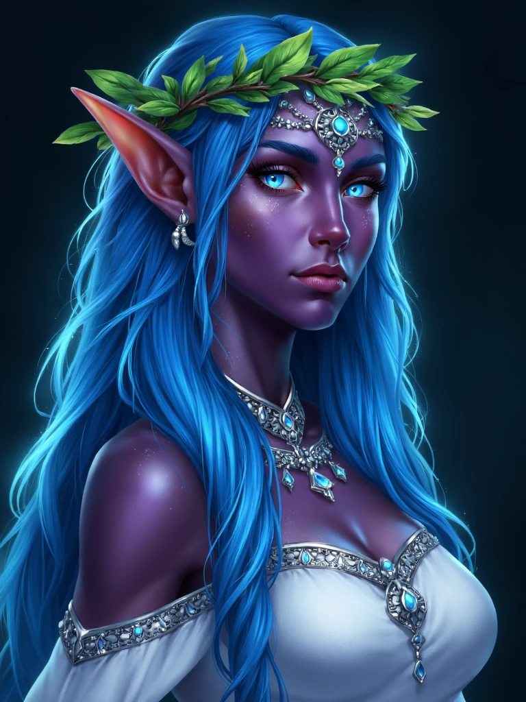 krrat style, elf woman with dark purple skin and glowing cyan eyes, she have long blue hair, she wearing white dress with silver ornaments and head wreath made of leaves <lora:sxz-Krrat-Flux:1>