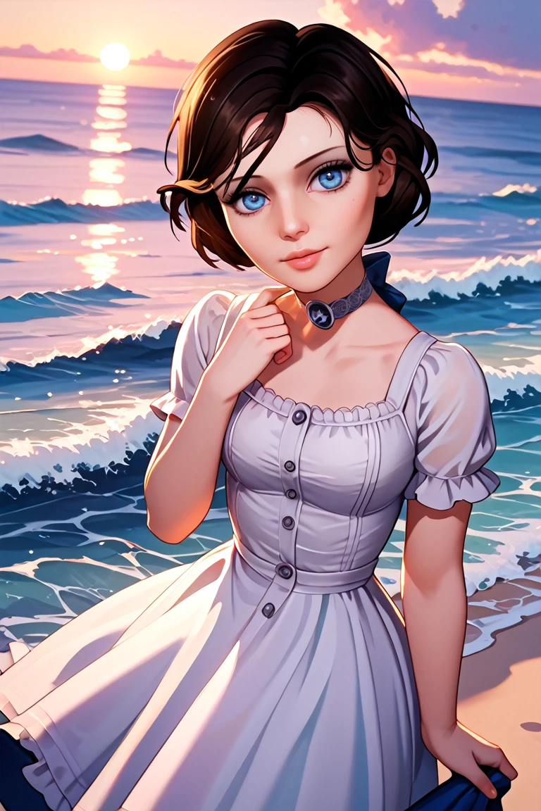 score_9, score_8_up, score_7_up, score_6_up, score_5_up, score_4_up
<lora:BioshockElizabeth:1.0>
BioshockElizabeth, 1girl, brown hair, blue eyes, looking at viewer, on a beach during a vibrant sunset, sundress, playing with the waves