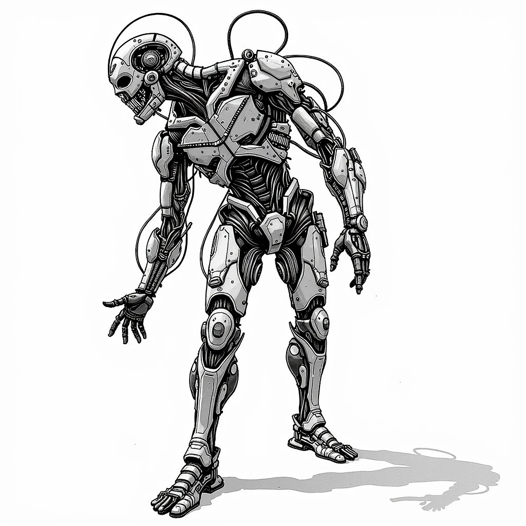 cybermono_style, (cyborg figure in very dynamic pose 1:3) , masterpiece, best quality, very aesthetic, absurdres