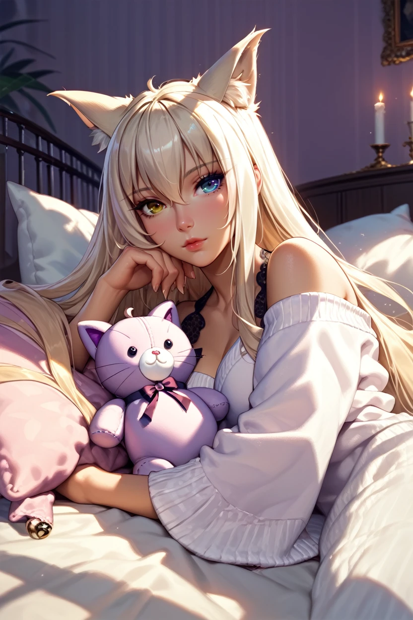 score_9, score_8_up, score_7_up, score_6_up
<lora:NPCoconut:1.0>
NPCoconut, 1girl, blonde hair, long hair, heterochromia, cat ears, looking at viewer, reclining on a plush bed, satin sheets, dimly lit room with candles, soft shadows on the walls, intimate and luxurious setting