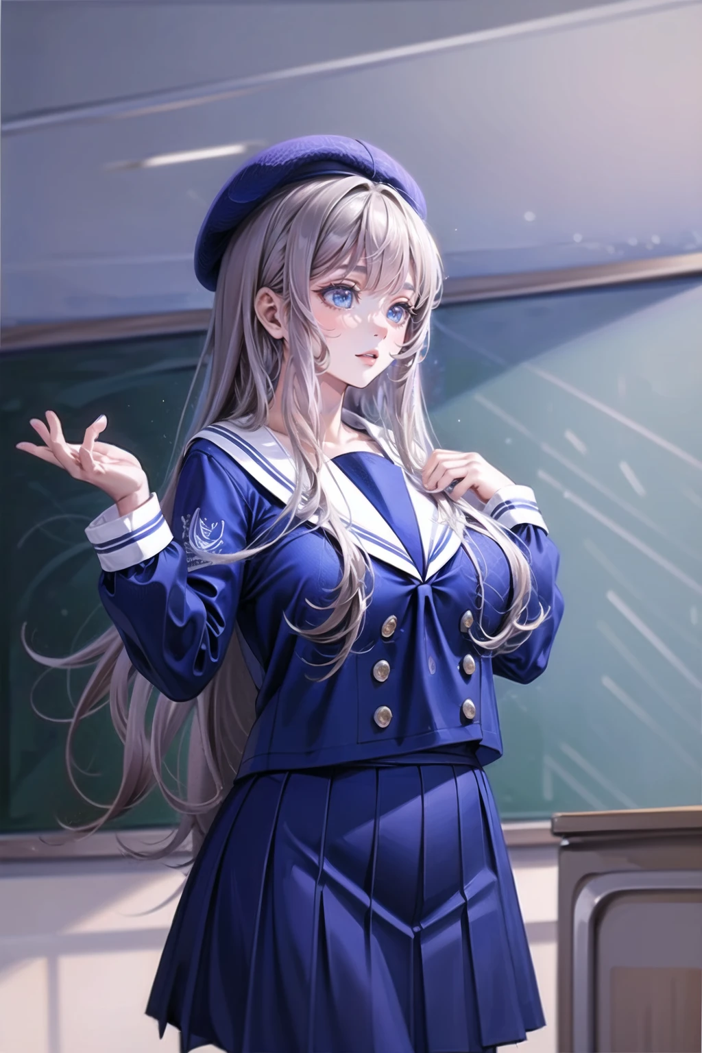 (masterpiece, best quality:1.2),illustration,8k,hd,1 girl,very long hair,solo,SHJ,(white pantyhose:1.1),school uniform,skirt,blue skirt,pleated skirt,blue headwear,beret,serafuku,white sailor collar,long sleeves,bouncing breasts,big breasts,(day:1.7),(indoors,classroom:1.4),asian,
