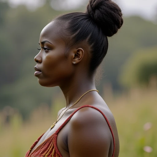 This is a high-resolution photograph of a young Black woman captured in a natural, outdoor setting. She is positioned in a three-quarter profile, facing to the right, with her eyes looking forward. Her skin is a rich, deep brown, and she has a smooth, even complexion. Her hair is styled in a high, voluminous bun on top of her head, showcasing her natural hair texture, which is tightly coiled.

She is wearing a sleeveless top in a rich, deep red color with thin straps. The fabric appears to be a soft, textured material, possibly cotton or linen, with a slight sheen. Around her neck, she wears a delicate gold necklace with a small pendant that rests just above her collarbone. Her ears are adorned with small, stud earrings.

The background is a softly blurred, natural landscape, featuring tall, grassy plants with hints of pink flowers, suggesting a meadow or field. The sky is not visible, but the light suggests it is overcast, which diffuses the light evenly, creating a soft, natural glow. The overall mood of the photograph is serene and contemplative, emphasizing the subject's natural beauty and the peacefulness of her surroundings.