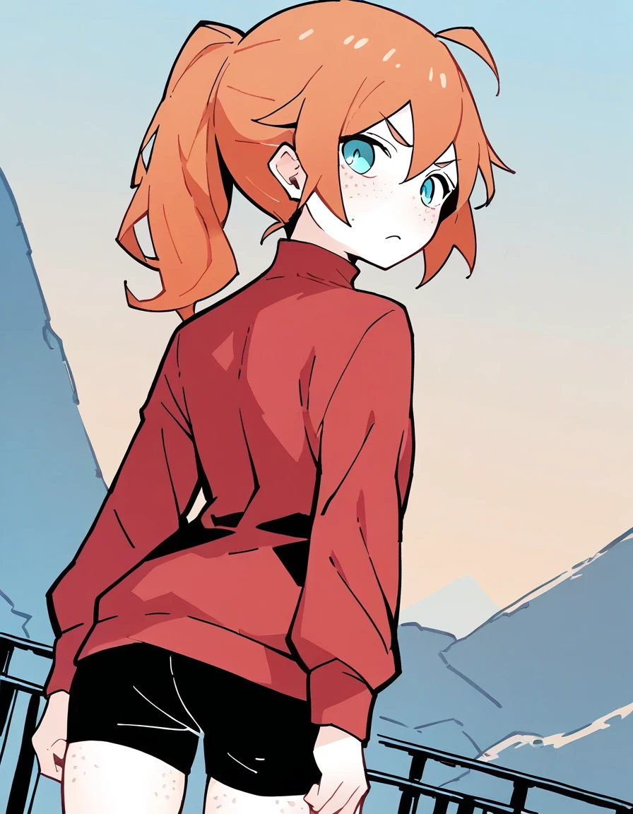 score_9,score_8_up,score_7_up,score_6_up,score_5_up,score_4_up, 1girl, orange hair, cyan eyes, ponytail, red jersey, black shorts, freckles, frown, light blush, turtleneck, from behind, dutch angle, sky 
 <lora:akableak_style_pony6_v1-000034:1>