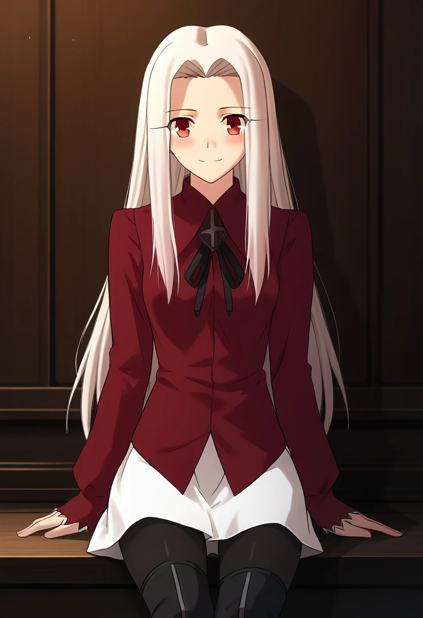 score_9, score_8_up, score_7_up, source_anime ,  <lora:Irisviel von Einzbern pony2:0.8>, irisviel von einzbern, white skirt, red shirt, shirt, long sleeves, 1girl, solo, long hair, red eyes, white hair, thigh boots, pantyhose, thighhighs, skirt, boots, smile, sits, blushes, background gradient