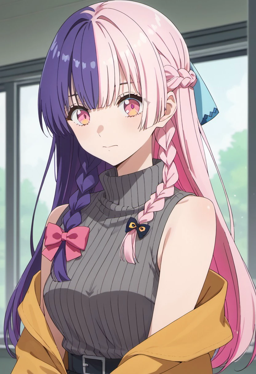 score_9, score_8_up, score_7_up, source_anime,nagomi, 1girl, braid, solo, multicolored hair, pink hair, purple hair, long hair, turtleneck, sweater, sleeveless, hair bow, bow, pink eyes, bare shoulders, closed mouth