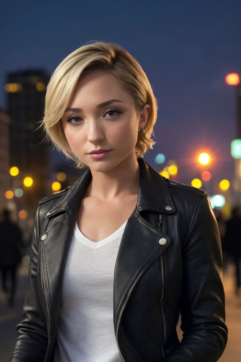 photo of S526_ElizaJane,a gorgeous woman,in a (neon city:1.1),wearing a (leather coat),(shirt),ponytail,(sunset),(4k, RAW photo, best quality, 50mm, depth of field, ultra high res:1.1),(intricate, photorealistic, cinematic-shot, masterpiece, ultra-detailed:1.1),