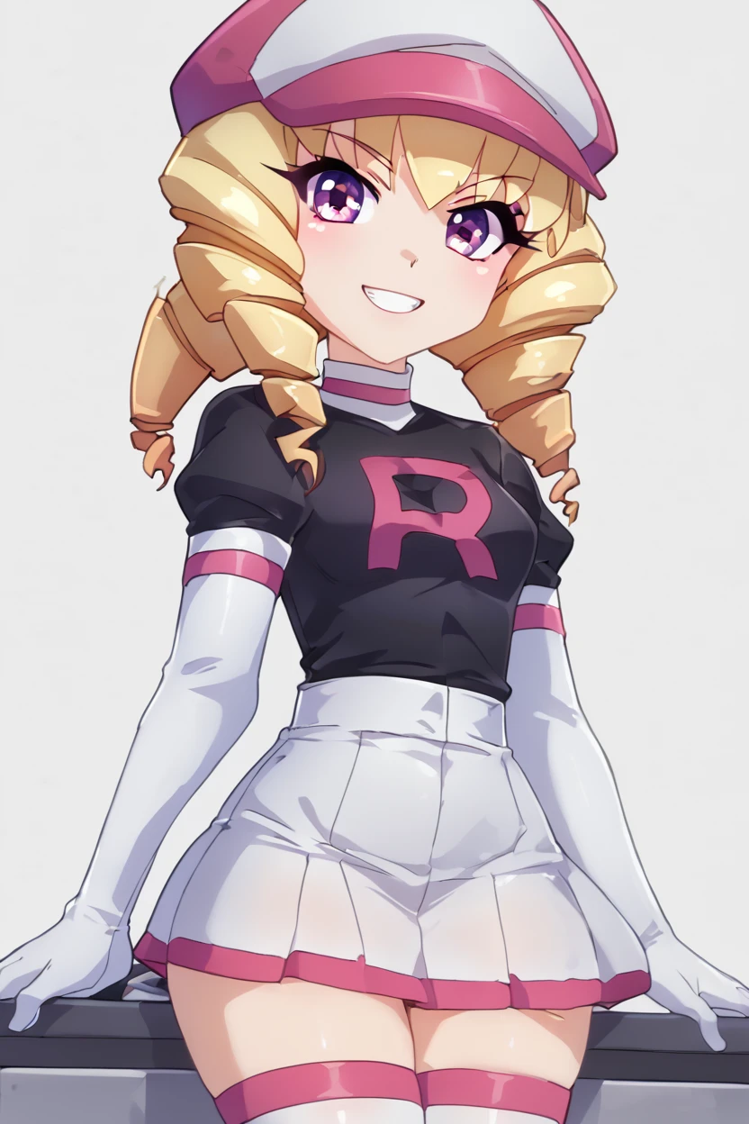 score_9, score_8_up, score_8, medium breasts, cute, eyelashes,       BREAK, , zzDomino, purple eyes, blonde hair, drill hair, team rocket, white hat, black shirt, white skirt, white gloves, white thighhighs,<lora:Domino_Pokemon_PDXL:0.8>,  , BREAK, (warm colors), smile, looking at viewer, cowboy shot, embedding:zPDXL, Expressiveh, <lora:PrismaIllya_PDXL_v3:1.0>,  <lora:SDXLFaeTastic2400:0.5>,  <lora:Expressive_H-000001:0.4>,