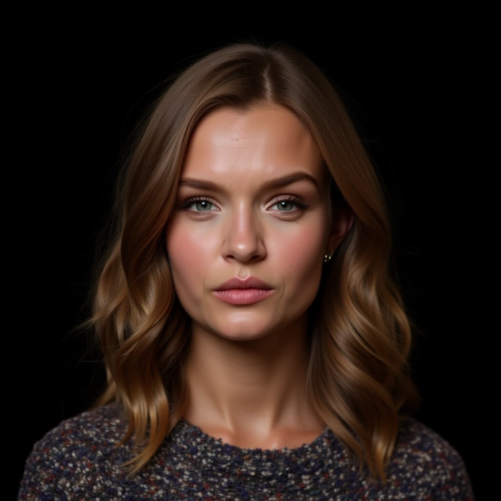 A closeup portrait photo of a woman with medium length hair who gazing directly at the camera with a neutral expression. She is wearing a multicolored knitted sweater against a dark background. Spotlight illumination. ,   <lora:Josephine_Skriver_FLUX_v1-000034:1>