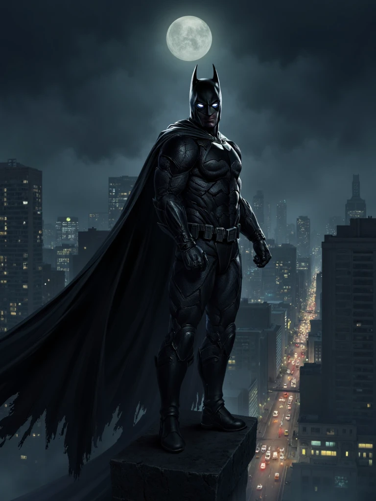 krrat style, digital illustration, the main subject is batman, batman standing on highest skyscraper rooftop, he is surrounded by shadows and his cowl making his face completely black with only two white visible, he is wearing armored suit and long torn windblown cape that covering his whole body right from the shoulders, street dimly light with car lights down below, dark noire atmosphere, black sky, moonlight, <lora:sxz-Krrat-Flux:1>