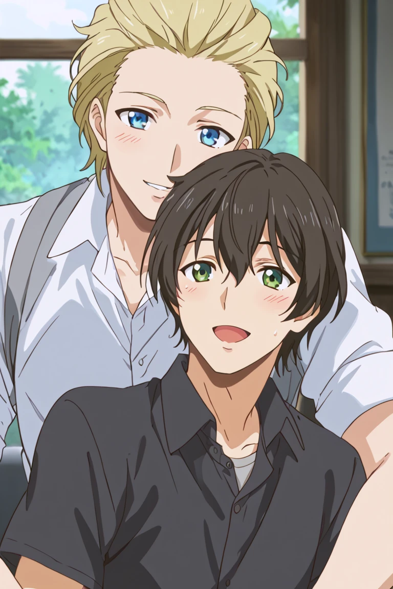 score_9, score_8_up, score_7_up, source_anime, rating_explicit, AlexDG, blonde_Alex_hair slicked back, blue_Alex_eyes, NatsuoDG, black_Natsuo_male hair, [[green_Natsuo_eyes]], gay couple focus, 1androgynous, 1boy, anime screencap, homo, siblings, sweet-cute wallpaper, happy-cheery