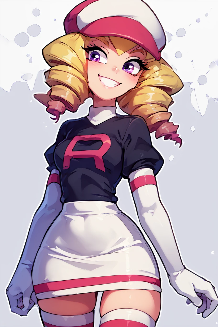 score_9, score_8_up, score_8, medium breasts, cute, eyelashes,       BREAK, , zzDomino, purple eyes, blonde hair, drill hair, team rocket, white hat, black shirt, white skirt, white gloves, white thighhighs,<lora:Domino_Pokemon_PDXL:0.8>,  , BREAK, smile, looking at viewer,  abstract background, white outline, cowboy shot, embedding:zPDXL, Expressiveh, <lora:theOtherHalfPDXL:0.8>,  <lora:CatalystStylePDXL:0.6>,  <lora:SDXLFaeTastic2400:0.5>,  <lora:Expressive_H-000001:0.4>,