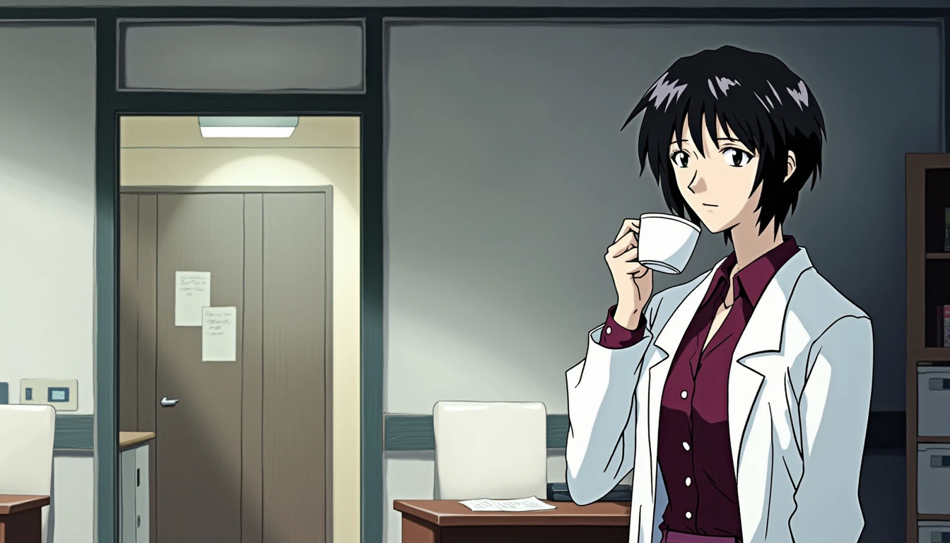 A detailed portrait of yui ikari. A mature beautiful female scientist.  
Anime style, sharp, high contrast and highly detailed. Ghibli anime style. Perfect anatomy. Perfect body ratio. No oversized head. No blurry, out of focus pictures. No simple background, no single color background.
A detailed solo portrait of Ikari Yui. She is wearing a lab coat, a shirt and a pencil skirt. She is in an office space, leaning against the wall behind a desk, drinking a cup of coffee while talking to someone outside of the frame. anime still, highly detailed. No flat color, no hand drawn, no fan art. Anime.
 <lora:Ikari Yui - Flux prototype_epoch_3:1>