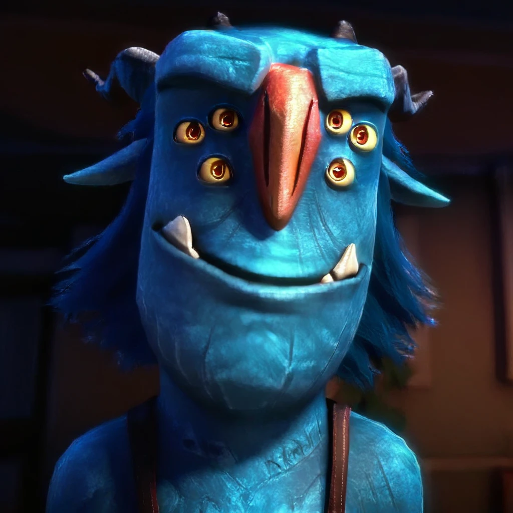 1boy, solo, male, 6 eyes, yellow eyes, orange pupils, orange nose, fangs, smiling, bottom lip, bald, long hair, blue hair, blue skin, close-up, head only, horns, 3d, detailed, realistic lighting,