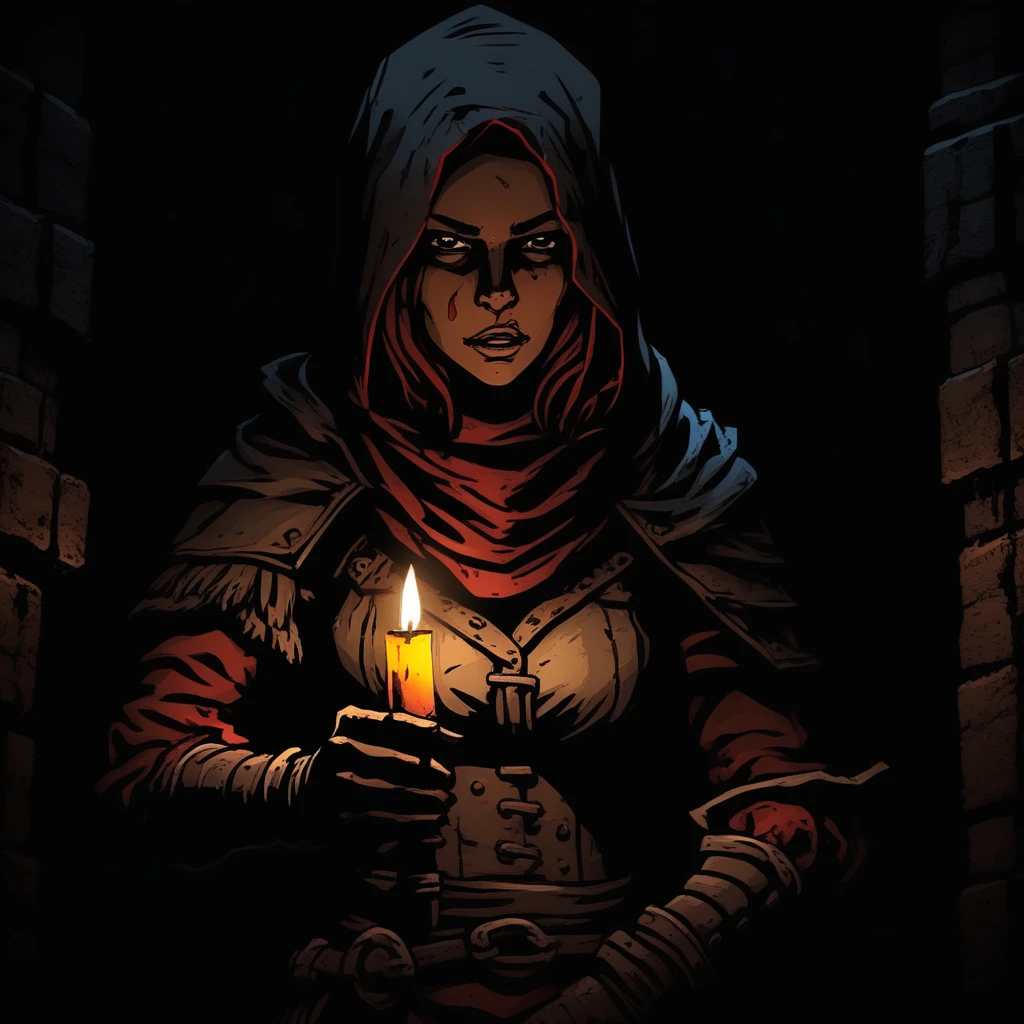 a female warrior in a darkest dungeon ever with a smal candle for light, dark