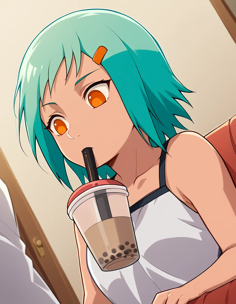 score_9, score_8_up, score_7_up, source_anime, <lora:fuu-shippuden-anime-ponyxl-lora-nochekaiser:1>, fuu, short hair, hair ornament, orange eyes, hairclip, aqua hair,, <lora:bubble-tea-challenge-ponyxl-lora-nochekaiser:1>, bubble tea challenge, bubble tea, object on breast, drinking straw, drinking straw in mouth, drinking, cup,, indoors, sitting, looking down, , cowboy shot, dutch angle