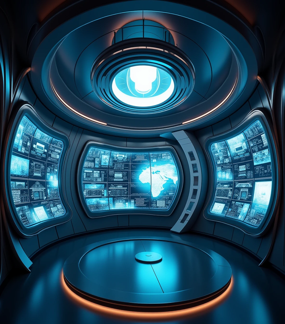 scifi room, A circular room filled with transparent screens, each displaying rotating schematics of unknown technologies. The walls are lined with seamless metallic plating that subtly shifts color as it reacts to motion. Suspended from the ceiling, a massive spherical light source bathes the room in a soft, pulsating glow.