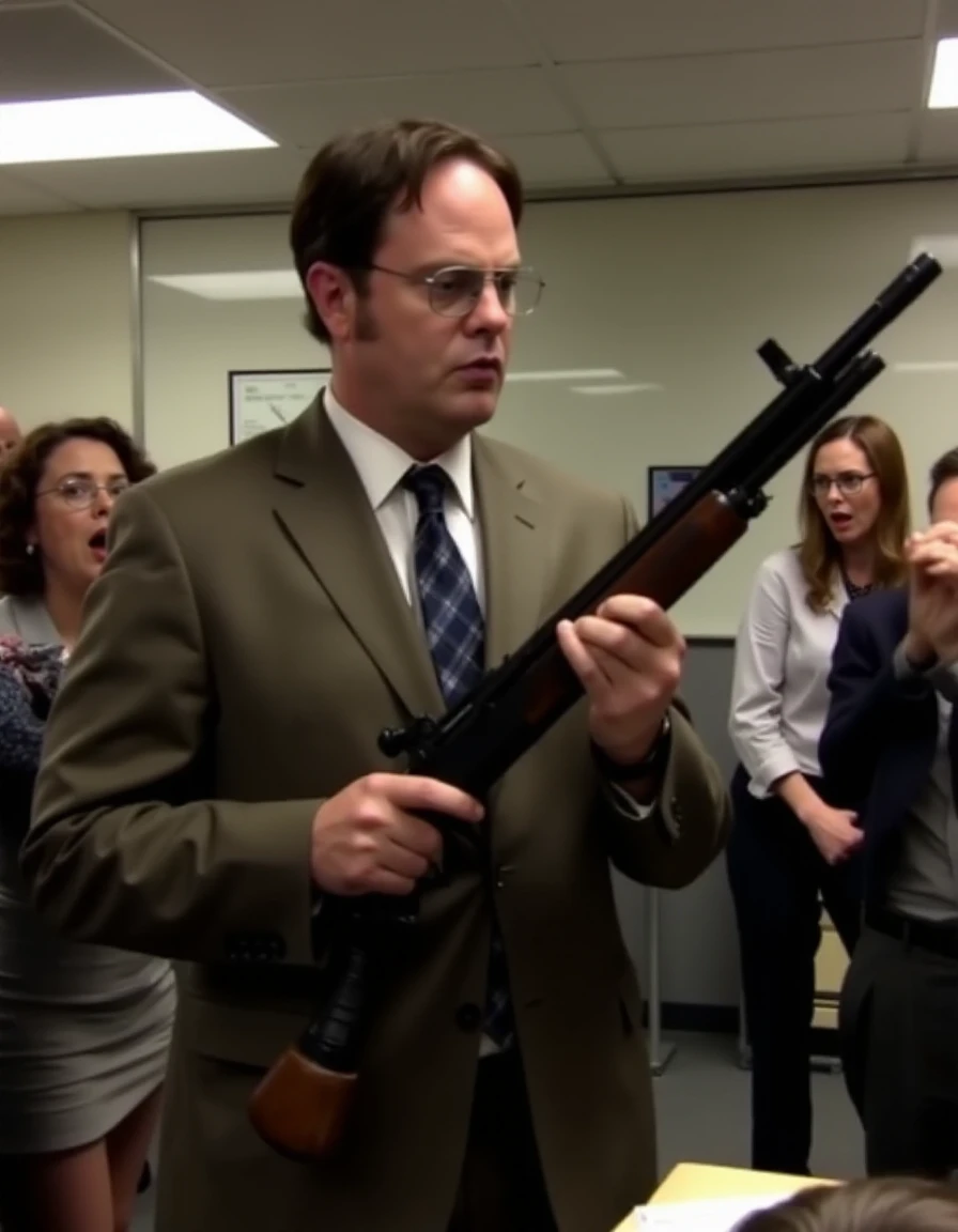 Dwight holds a machinegun in a office. People around him are panicked <lora:Dwight:0.9>