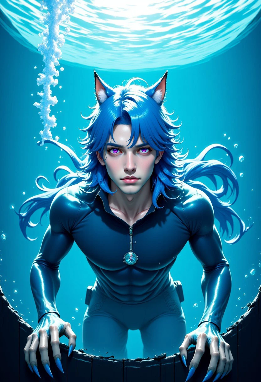 dsk_aesthetic, comic art style, solo, male focus, long hair, looking at viewer, blue hair, claws, 1boy, animal ears, purple eyes, underwater, electric wires, ocean vibes, against glass, straight on, aquarium, ocean vibes, soft light, extremely detailed, Ultra-HD ,