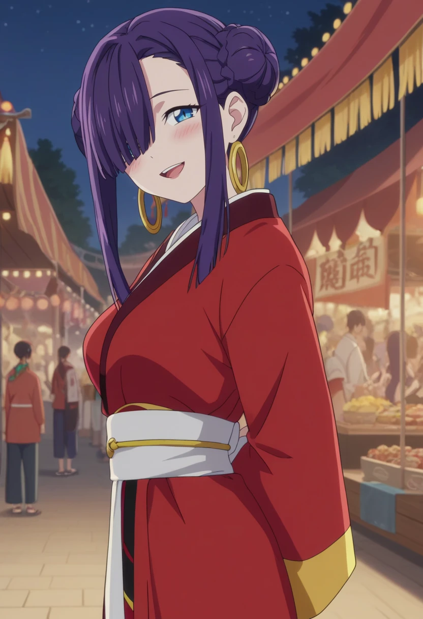 score_9, score_8_up, score_7_up, anime screencap, source_anime, 1girl, solo,
<lora:Hime_SSSS.Gridman_V2:.85>, KJOhime, purple hair, blue eyes, asymmetrical bangs, hair over eye, sidelocks, double bun,
red kimono, long sleeves, white sash, hoop earrings, 
arms behind back, seductive smile, head tilt, blush, looking at viewer, open mouth, 
festival, night,
(Beautiful, medium Breasts:1.2), natural breasts,