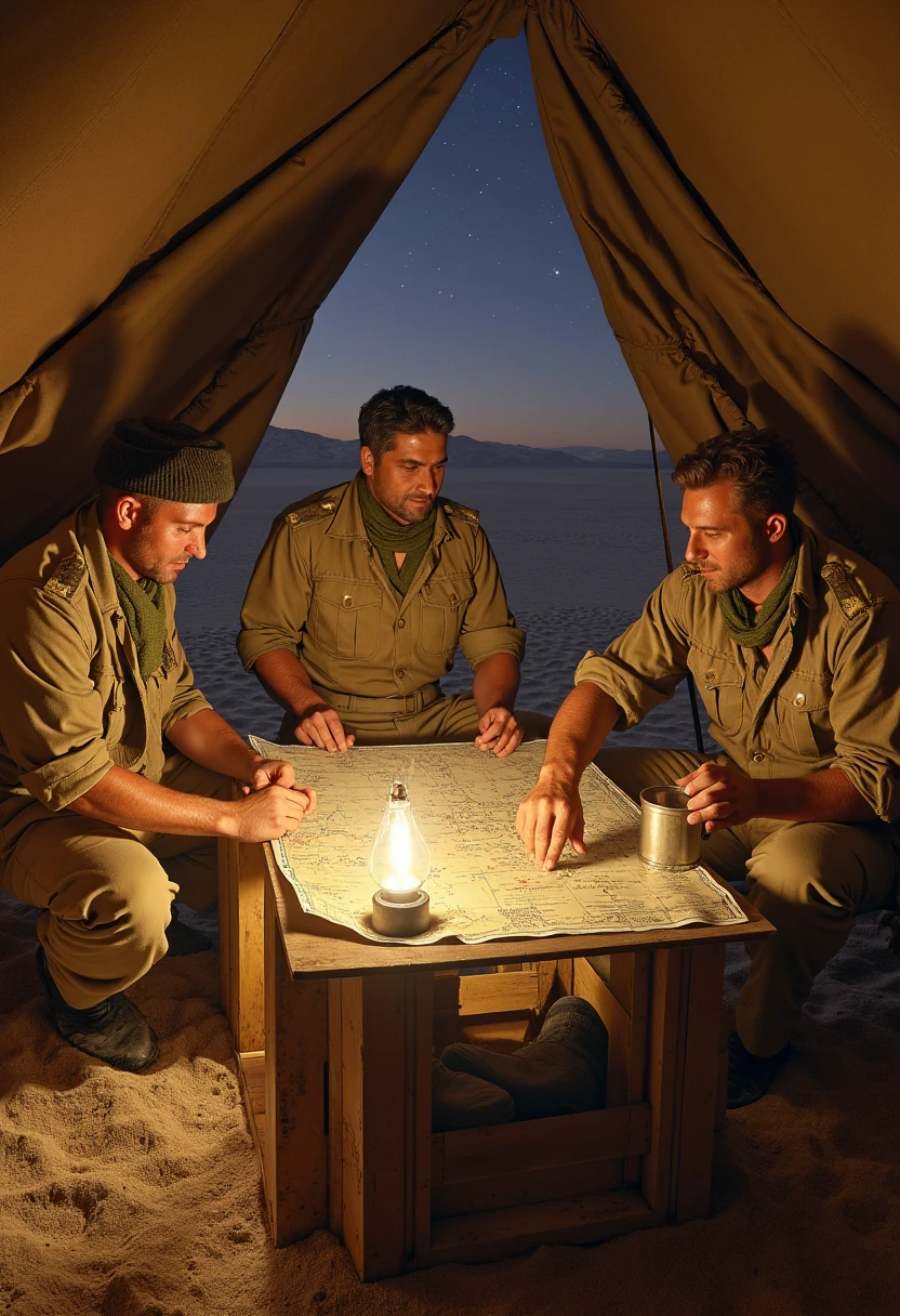 In a photorealistic image, imagine a group of Long Range Desert Group officers inside a traditional Bedouin tent, the fabric walls made of rich, earthy tones gently swaying with the desert breeze. The officers, dressed in their iconic desert khakis, slouch hats, and scarves, are visibly worn from weeks in the sun. Their uniforms are sun-bleached, dusty, and stained from the desert’s harsh elements, with each officer’s face showing the rugged determination that defines their unit.

They are gathered around a low wooden crate used as a table, where a large, detailed map is spread out. One officer, with sleeves rolled up to reveal muscular, tanned forearms, points at a section of the map while another holds a steaming tin mug of coffee, the warm beverage providing comfort in the cool desert night. Their eyes are intense and focused, the flickering light from an oil lamp casting deep shadows across their weathered, sunburnt faces. The texture of the map, creased and worn from repeated use, contrasts with the fine grains of sand dusting their boots and the floor of the tent. In the background, the desert outside is barely visible through the open tent flap, offering a serene view of the endless dunes under a starlit sky.