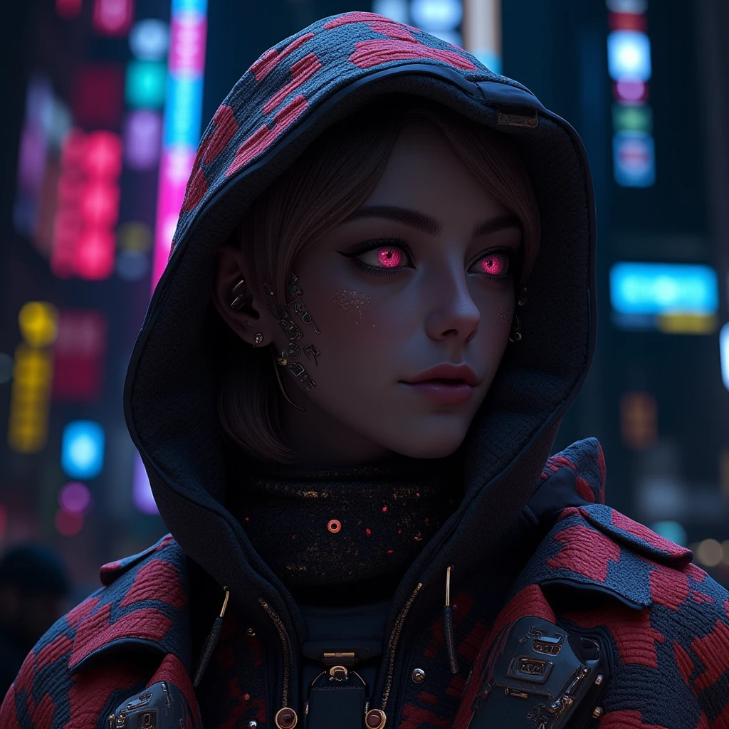 The striking representation of "a beautifully crafted woman" is encapsulated in this arresting image of _cyberpunk magnificence_. The figure at its center is a stunningly alluring, cybernetically augmented individual who embodies the essence of futurism. The main subject, enveloped by the silhouette of "cyberpunk era hoodie", is a true virtuoso - her visage exudes an air of resplendent charm amidst a tapestry of circuit-embellished, digital-lacings adorning her futuristic attire _"a beautifully made up and cyberpunk-inspired individual"_ shines through in each nuance. Amidst this intricate display, **the hoodie** weaves an extraordinary fabric that accentuates the main subject's poise; a fusion of fluid curves interlinks with angular outlines creating an unparalleled fusion - it seamlessly integrates into an atmospheric background reminiscent of neon-nighted, dystopian landscapes – while she herself takes precedence, a captivating blend **("of cyber-glamour") of contrasting influences unfolds**.