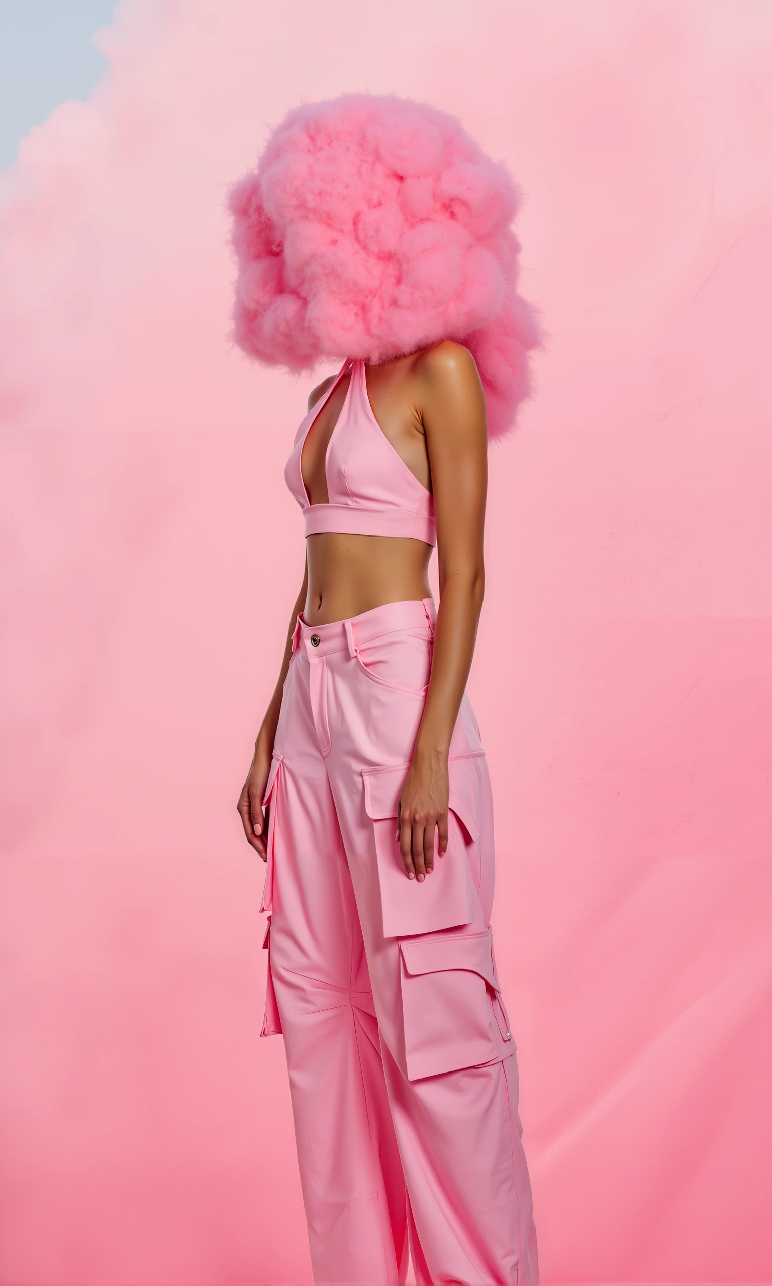 MoA, A model wearing the MoA pink halter top and matching pink cargo pants stands in a surreal, ethereal setting where soft, billowing clouds of pink cotton candy-like material envelop her head, completely obscuring her face. Her body is gracefully poised, with her shoulders relaxed and hands gently resting by her sides, creating a serene, almost statue-like presence. The contrast between the utilitarian design of her cargo pants and the delicate, airy clouds creates an intriguing juxtaposition of strength and softness.

The mood of the scene is dreamlike and whimsical, as if the model has been transported into an otherworldly space of pure pastel pink. The soft, cotton candy clouds create a sense of lightness and fantasy, while the pink outfit blends seamlessly with the surrounding hues, adding a fashion-forward twist to the surreal imagery.

The lighting is soft and diffused, casting a gentle glow across the model’s skin and outfit. The monochromatic pink tones in the background, outfit, and cloud-like headpiece harmonize perfectly, creating a visually cohesive and minimalist aesthetic. The pink hues evoke a sense of calm and elegance, while the surreal headpiece adds a playful, imaginative touch.

The camera is positioned straight-on, capturing the model from the waist up, with the focus centered on her body and the surreal cloud formation. The slight blur of the surrounding pink mist gives the image a soft focus, emphasizing the dreamy, ethereal quality of the composition. The overall scene feels like a high-concept fashion editorial, where art meets couture in an abstract, visually striking way.

