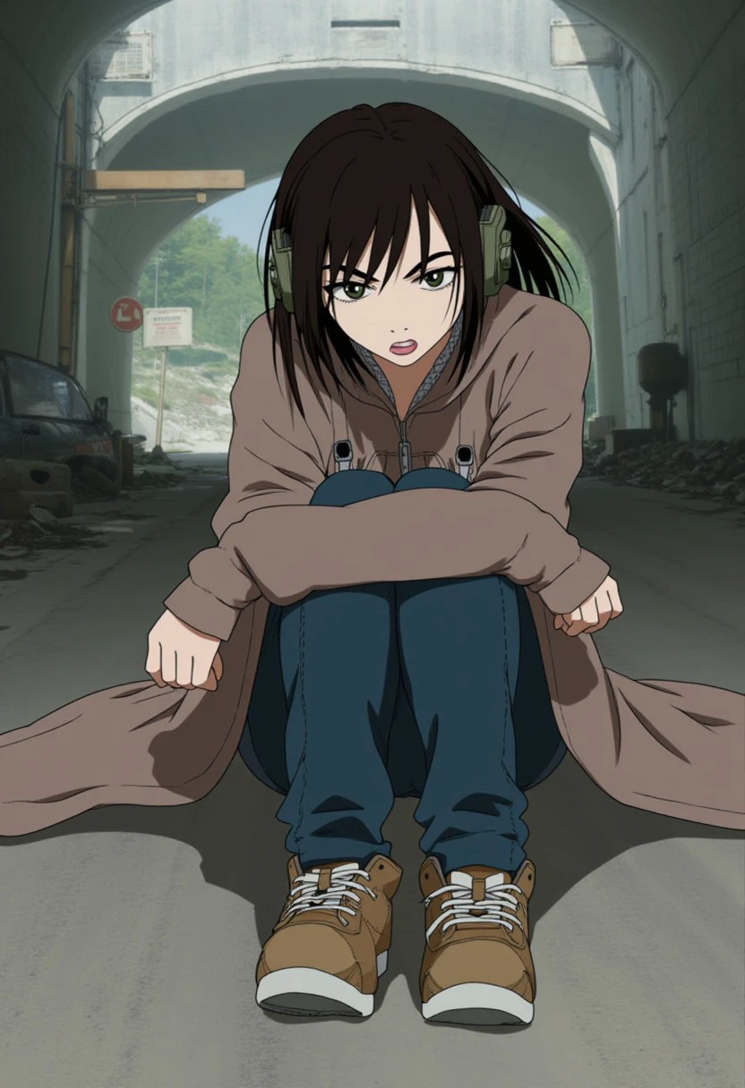 flcl_style, source anime, Post-apocalyptic, shabby Radio Operator's Gear: Headphones, sweater, jeans, sneakers, wristwatch., Wearing a Multi-tool, Sitting down with legs crossed , on a post-apocalyptic collapsed tunnel, blocked entrance, abandoned car, hanging traffic sign, flcl