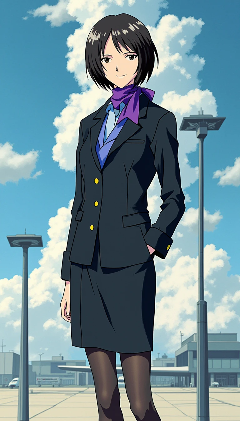 A detailed portrait of yui ikari. A mature beautiful female scientist.  
Anime style, sharp, high contrast and highly detailed. Ghibli anime style. Perfect anatomy. Perfect body ratio. No oversized head. No blurry, out of focus pictures. No simple background, no single color background.
She is standing in a futuristic airport, with sunshine, blue sky and white cloud in the background. She wears a sleek and professional airline attendant uniform inspired by Japanese aesthetics, similar to the uniforms of ANA (All Nippon Airways). The uniform should consist of a tailored black jacket with a subtle sheen, featuring a structured, fitted design with long sleeves and a single-button closure. Beneath the jacket, the attendant wears a light blue collared shirt, neatly tucked into a matching knee-length pencil skirt. Around the neck is a silk scarf in a vibrant, bold color such as purple or blue, tied elegantly to add a touch of flair and sophistication. The outfit is complemented by sheer black tights and polished black dress shoes with low heels, designed for both style and comfort. She looks mature, gentle and elegant. She is looking at the viewer with a beautiful smile. 
 <lora:Ikari Yui - Flux prototype_epoch_3:1>