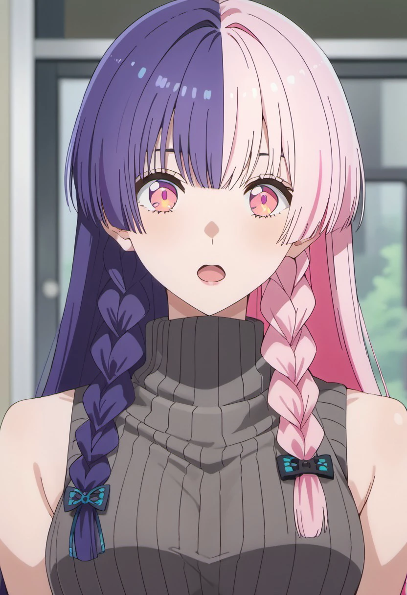 score_9, score_8_up, score_7_up, source_anime,nagomi, 1girl, solo, braid, open mouth, long hair, turtleneck, sweater, pink hair, sleeveless, bare shoulders, ribbed sweater, purple hair, pink eyes, multicolored hair