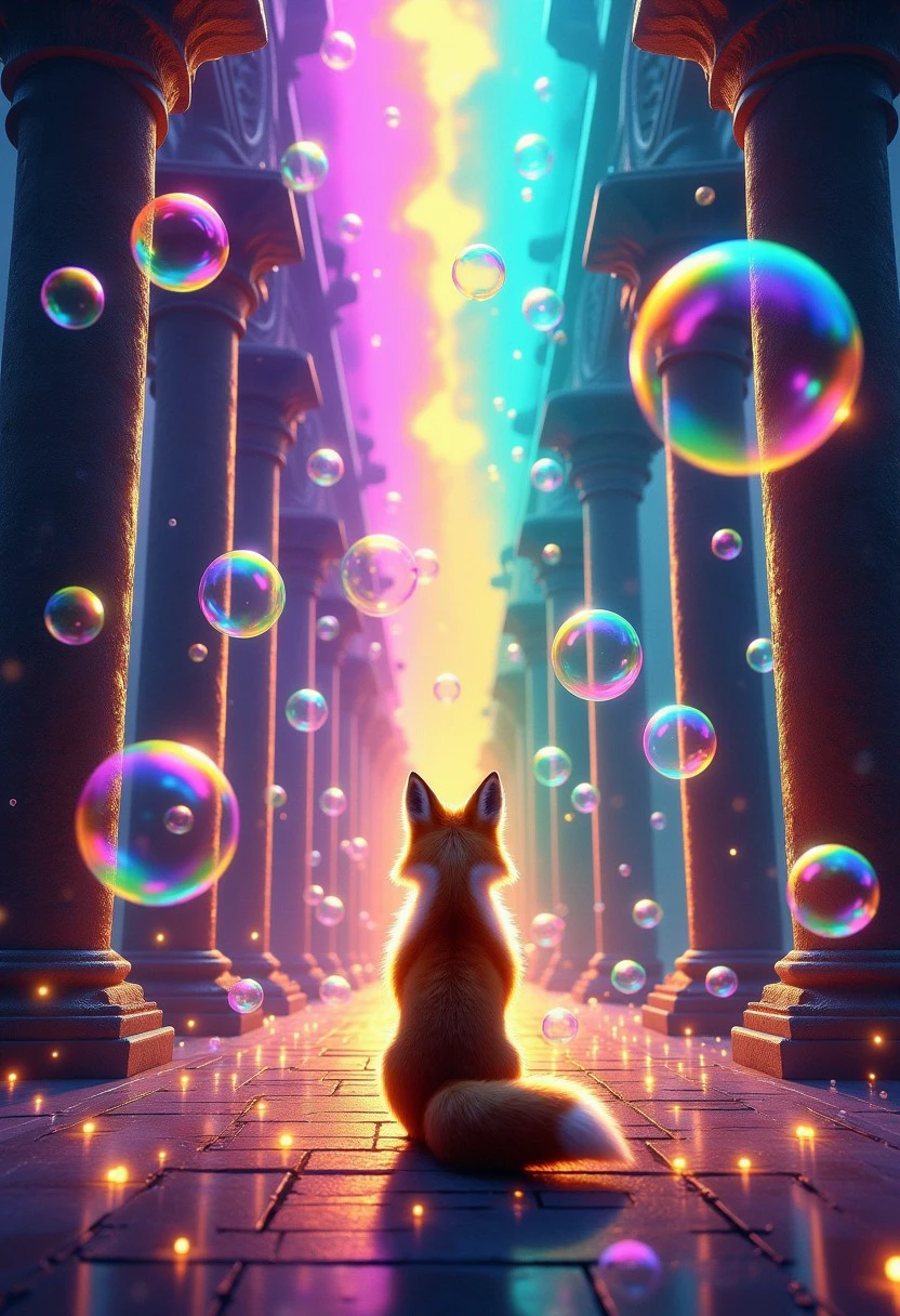 A mystical fox stands at the base of an ancient shrine surrounded by glowing dream bubbles. The shrine’s pillars gleam with soft rainbow light, while the bubbles float through the air, casting reflections on the stone.