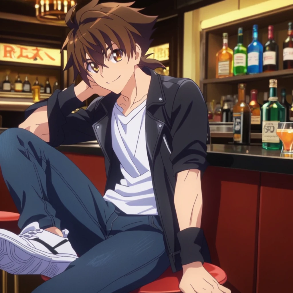 score_9, score_8_up, score_7_up, source_anime, BREAK, issei_hyoudou, brown hair, brown eyes, hair between eyes, fit body, 1boy, solo, White t-shirt, black leather jacket, blue jeans, white sneakers, sitting, bar, looking at viewer, smiling,