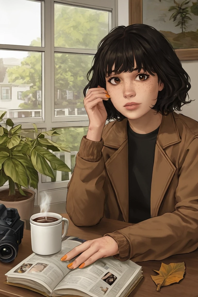 (masterpiece, best quality), female eighteen, statuesque, polynesian, black eyes, upswept ears, angular nose, asymmetrical cheeks, low forehead, , __bo/chars/haircolor__ shag haircut hair, boredom wearing __Bo/clothings/nsfw/female-attire__, partially unbuttoned shirt, wearing a partially unbuttoned shirt, revealing a hint of skin and adding a touch of seduction, underwater lighting, a dreamlike, blue-tinted illumination for underwater scenes, adding a sensual touch, a friendly neighborhood café, with cozy seating, friendly staff, and the aroma of freshly brewed coffee