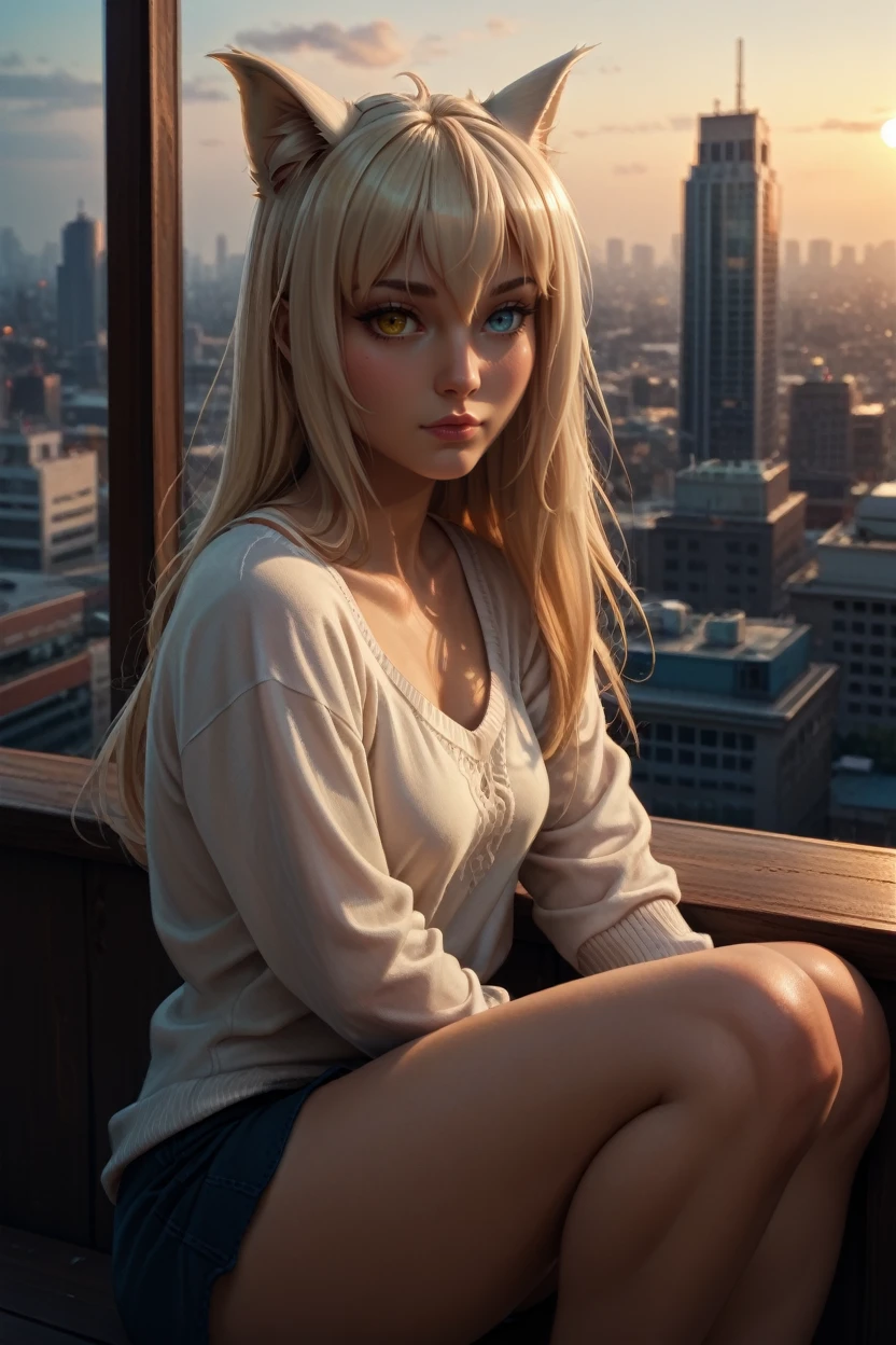 score_9, score_8_up, score_7_up, score_6_up
<lora:NPCoconut:1.0>
NPCoconut, 1girl, blonde hair, long hair, heterochromia, cat ears, looking at viewer, sitting on a windowsill, one leg bent, one hand resting on the knee, city skyline at dusk in the background, moody and reflective ambiance