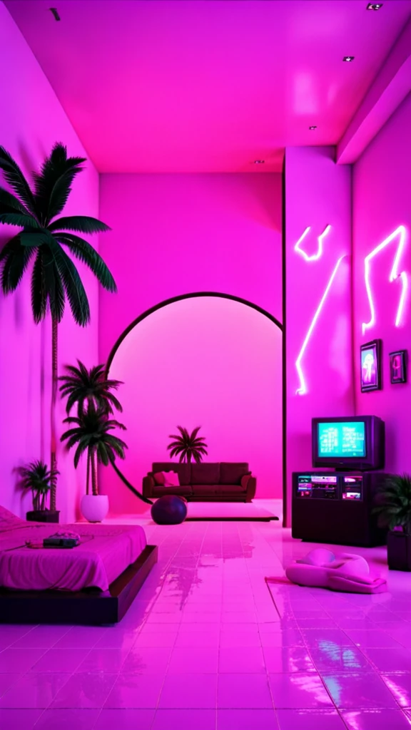 a room with a palm tree and a pink light , vaporwave, c4d , unreal engine 5 ,