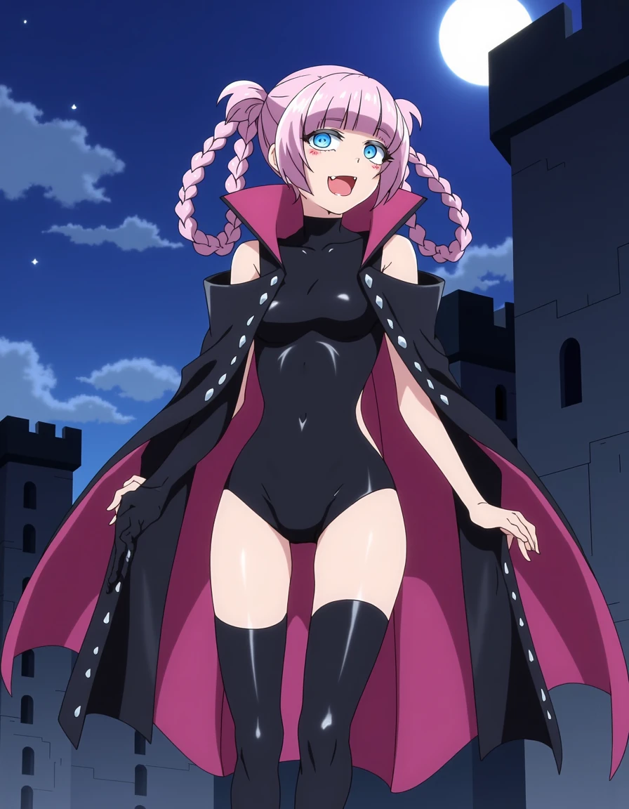 source_anime,(nazuna_nanakusa/(the call of the night/):1.5),1 girl,pretty,<lora:FLUX_NAZUNA-000004:1>,(pale pink hair, twin side braids in the shape of a ring, straight bangs, blue eyes, fangs),navel,shoulders,thighs,(sleeveless black leather top with a high neckline and a slit, very short black leather pants with a hem, over-the-knee boots with a black leather garter, a wide and long black outer cape and a pink inner cape buttoned at the collar that is large and raised),castle,night,full moon,(cloudy:0.4),full body,