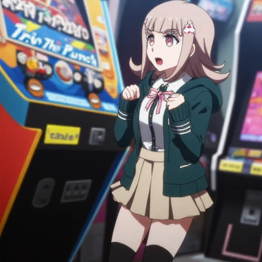 <lora:Chiaki_Nanami:1.1>  This anime screencap is from Danganronpa the Animation. Chiaki Nanami is wearing her uniform from Danganronpa 2. Chiaki's hair slightly curls outwards, though the locks on either side of her face curl inwards. Chiaki Nanami's hair is a dusty light pink that is almost light brown. She has short straight bangs split towards the right, a white Galaga hairclip pinned to a lock of her hair. She has blossom pink eyes. She wears a white button-up shirt with a dark teal-gray front placket. She wears a light pink ribbon tied around her neck in a bow, with a pale beige pleated skirt. This also includes a one-button dark teal-gray hooded cardigan with gray horizontal lines running across the hem and sleeves, the Hope's Peak crest on the chest pocket. She also sports black thigh-high socks and light pink Mary-Jane style shoes with white soles. Chiaki Nanami is standing up and looking at a video game cabinet in a video game arcade. The arcade cabinet has the game's title printed on it, which is "Trio The Punch". Chiaki's gaze is filled with joy. Chiaki Nanami's fists are held up to her chest in excitement. Her mouth is slightly open, and her eyes are wide, showing her joy.