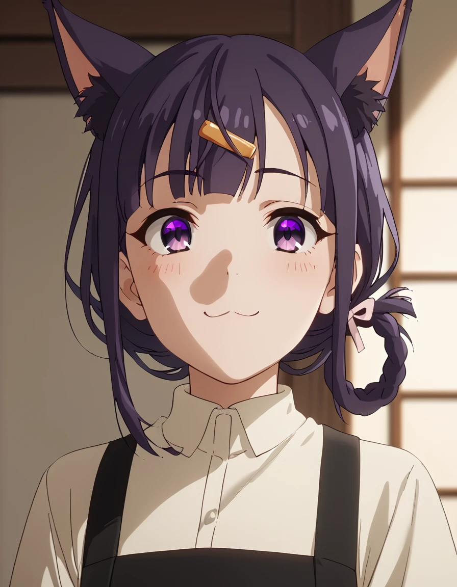 score_9, score_8_up, score_7_up, score_6_up, score_5_up, score_4_up, source_anime soft smile, wide shot,  <lora:PrincessConnectReDiveSet2:1> Kiiri, short hair, hair rings, cat girl, hair ornament, purple eyes, purple hair, sidelocks, hairclip, blunt bangs, animal ear fluff, extra ears, cat tail,