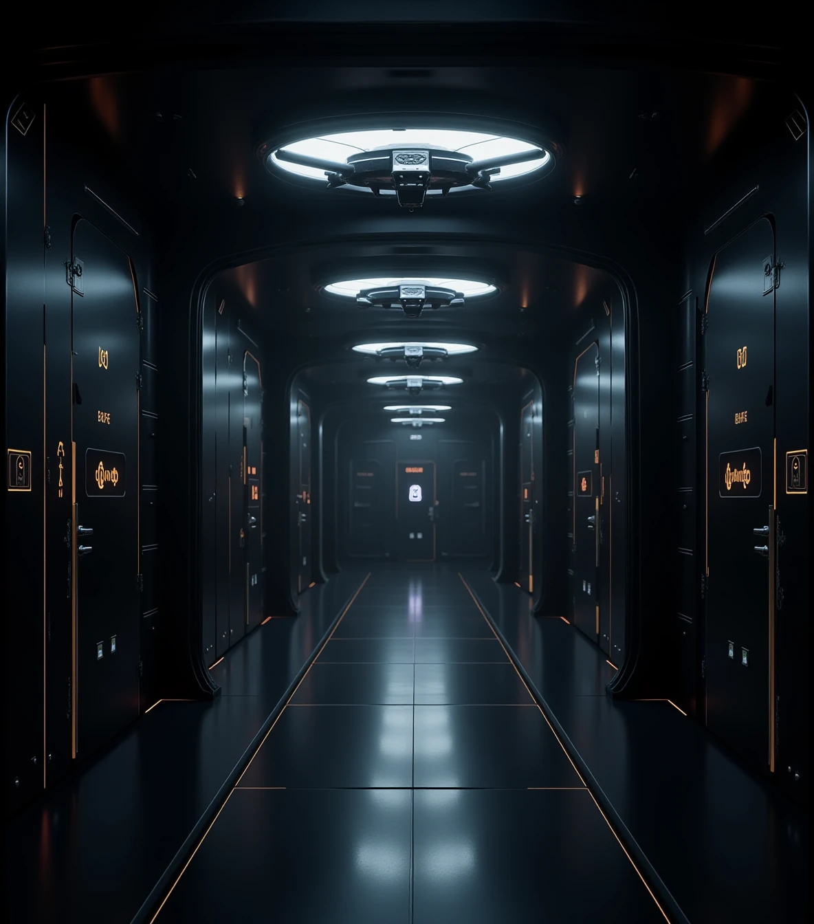 scifi room, A long hallway connects multiple chambers, each door marked with glowing, indecipherable symbols. The walls are a soft matte black, occasionally interrupted by thin, glowing lines that pulse with energy. Overhead, suspended drones float silently, monitoring every inch of the space with precise laser grids.