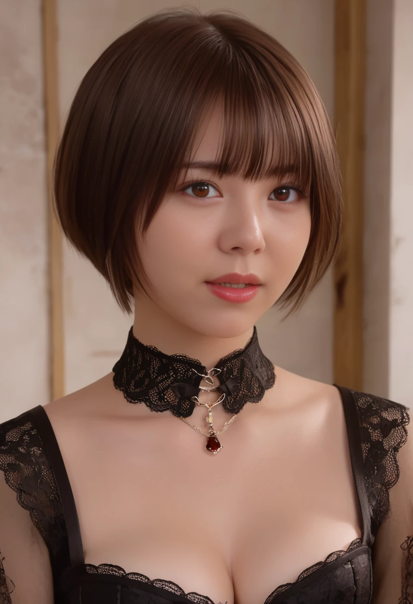 (Masterpiece,Best Quality:1.4),8k,(Movie-like footage,move photo:1.2),Hi-Res,Glossy Skin,Super Detailed Skin, noise, 1girl, solo, breasts,, looking at viewer, short hair, brown hair,  jewelry, black eyes, Wearing a black lace blouse with a corset, and a choker with a pendant, kooo123,  kooohamabeminami  <lora:Hamabe_Minami_v1_XL:0.8>