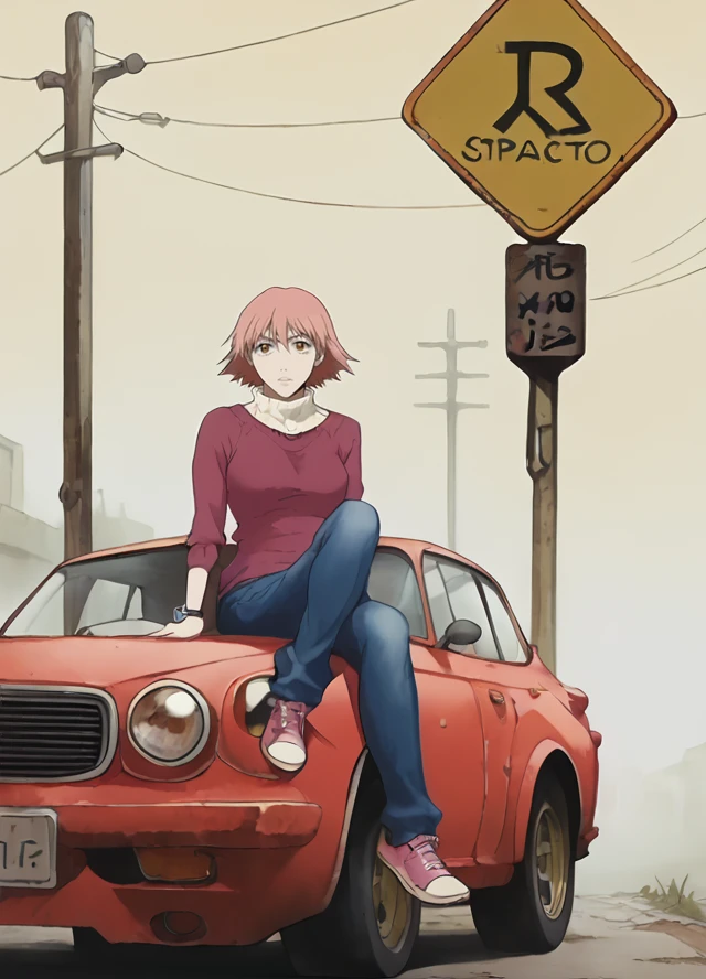 score_9, score_8_up, score_7_up, score_6_up, flcl, flcl_style,  jougasaki_mika, Post-apocalyptic, shabby Radio Operator's Gear: Headphones, sweater, jeans, sneakers, wristwatch., Wearing a Multi-tool, Sitting down with legs crossed , on a post-apocalyptic collapsed tunnel, blocked entrance, abandoned car, hanging traffic sign.  <lora:FLCL_Pony:1> <lora:Haruko Haruhara Pony XL:1>