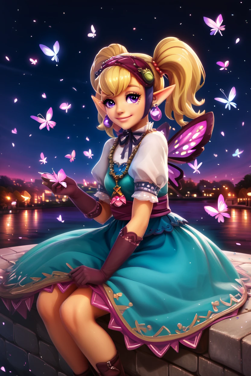 score_9, score_8_up, score_8, medium breasts, (curvy), cute, eyelashes,       BREAK, , <lora:Agitha_Zelda_PDXL:1.0>,  zzAgitha, purple eyes, blonde hair, twintails, pointy ears, jewelry, earrings, gloves, dress, butterfly wings, , BREAK,  zzEiffelTower in background, sitting, watercraft, boat, sitting on wall, side view, looking at viewer, smile,  BREAK, blooming stars, luminescent petals, otherworldly fragrance blurry background, embedding:zPDXL, Expressiveh, <lora:EiffelTowerPDXL:0.8>,  <lora:CatalystStylePDXL:0.6>,  <lora:SDXLFaeTastic2400:0.5>,  <lora:Expressive_H-000001:0.4>,