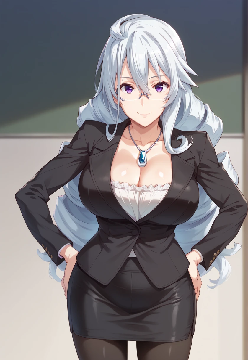 (looking at viewer, smile, closed mouth, hands on own hips), <lora:RitsukaTakesakaNSLT:1> ritsukatakesaka, long hair, drill hair, white hair, purple eyes, large breasts, RitsukaSuit,pendant, necklace, glasses, black jacket, cleavage, white shirt, black skirt, pantyhose, pencil skirt,, 16k, masterpiece, absurdes, highly detailed, highres, high quality, best quality, score_9, score_8_up, score_7_up, score_6_up, shiny, shiny skin, shiny hair