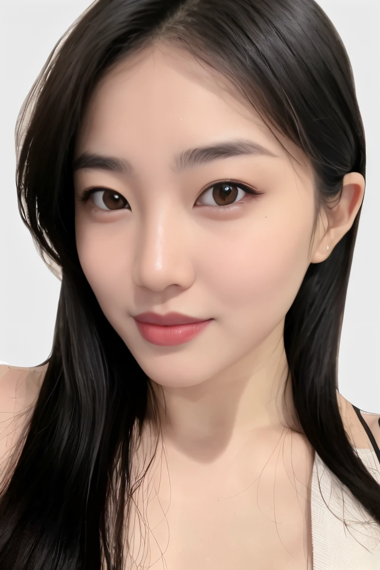 (masterpiece, top quality, best quality, (close-up photograph: 2), ((1girl)), korean, fair skin, (extremely detailed face), ((looking at viewer)), ((((ultra-detailed eyes and pupils)))),((((ultra-detailed lips)))) cheekbone, plump cheeks, ((bare pectorals)), ((bare chest)), ((tube dress)), bare head, ((bare shoulders)), symmetrical frame, (((strapless))), ((closed lips)), (((smile))), ((symmetrical pose)), (symmetrical face: 1.6), 35mm, ((((minimal plain white background)))), ((no lighting)),no watermark, ((medium hair)), <lora:xiaomin:0.7>