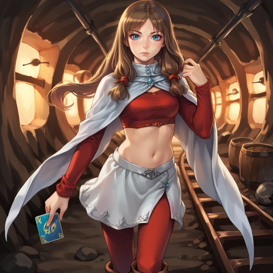 score_9, score_8_up, score_7_up, score_6_up, source_anime, BREAK, <lora:Katia:0.9> , kadef, 1girl, brown hair, long hair, hair tubes, blue eyes, white cape, cape, crop top, red crop top, long sleeves, red sleeves, sleeves past wrists, navel, midriff, white skirt, skirt over pants, pants, red pants, boots, brown footwear, cowboy shot, looking at viewer, ((hand up)), holding card, card, holding, serious expression,  <lora:zy_Detailed_Backgrounds_v1:0.3> , detailed background, highly detailed, interior,  cave, cavern, catacombs, lanterns, railroad tracks, shovels, dirt, <lora:1e2_r1:0.6> , 1e2,