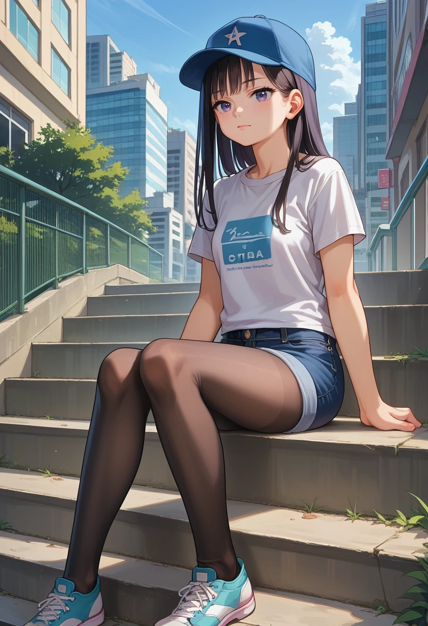 score_9, score_8_up, source_anime, 1girl, solo, Tights-chan, long hair, baseball cap, t-shirt, denim shorts, pantyhose under shorts, sitting, stairs, outdoors, city, <lora:ChamTightsChanPonyXL:1>