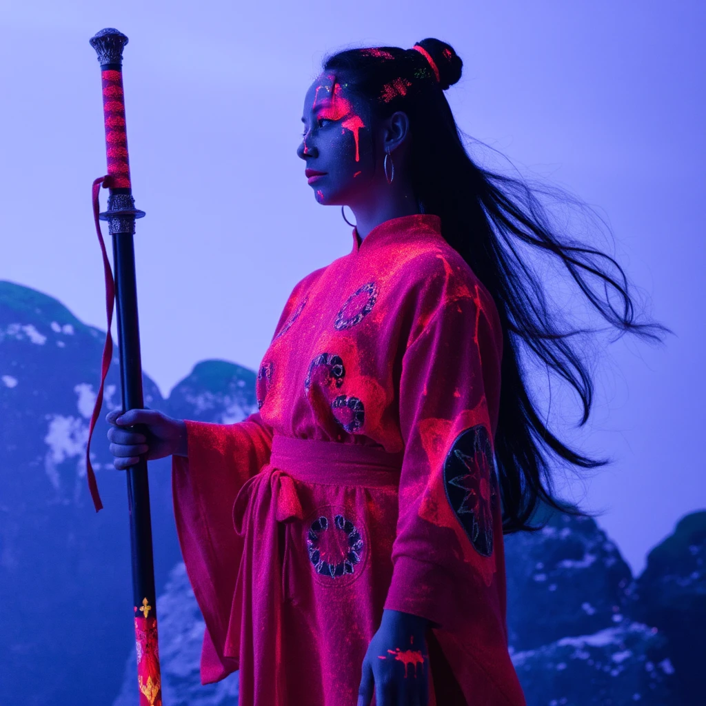 a reflective female warrior in traditional red robes with intricate ne0n motives, holding an ornate sword with both hands, standing still in deep contemplation, her robes gently draping around her, ultra-detailed fabric textures, photorealistic skin tones, dynamic lighting, high-definition rendering, vibrant red tones, intricate sword details, flowing hair, serene mountain setting, cinematic composition, introspective and calm expression, detailed environment, subtle wind effects, atmospheric depth