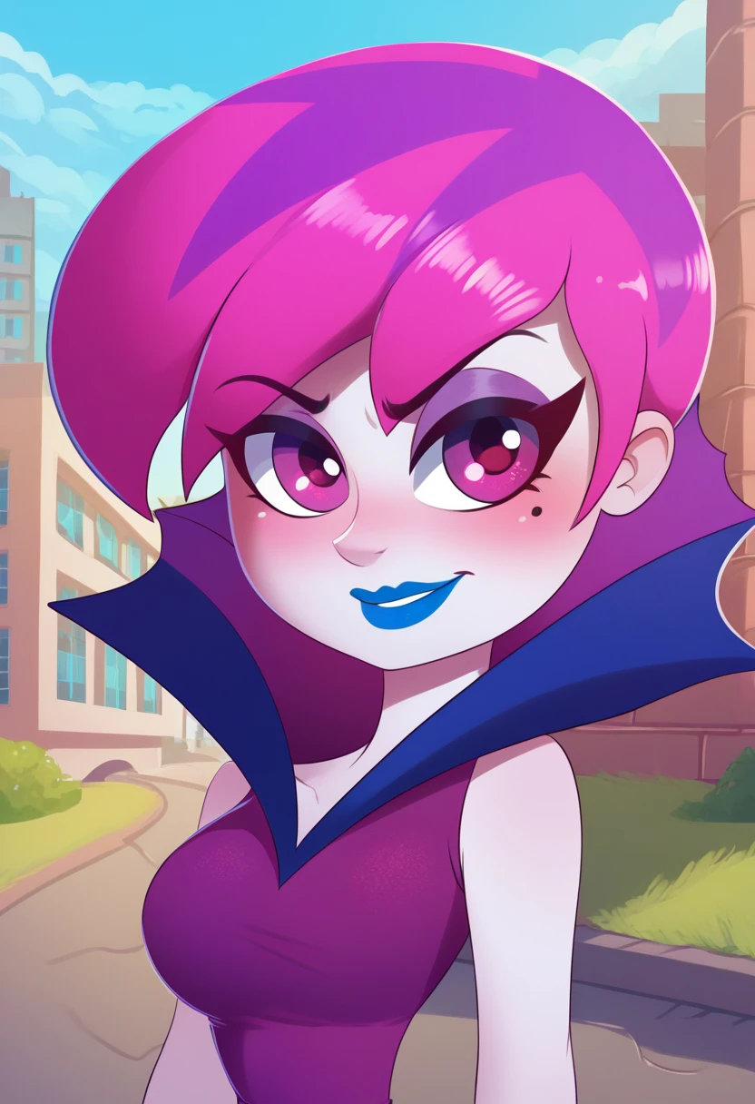 zPDXL, score_9,score_8_up,score_7_up,_up, best quality, amazing quality, masterpiece, 1girl, looking at viewer, solo, upper body, close, cute, blush, <lora:HildyGloom:1>, hildy gloom, pink-purple hair, short hair , makeup, blue lipstick , mole under eye, pale skin, sleeveless dress, blue-purple pantyhose, purple boots, blue sky,city, park, skyline, contour_deepening,depth of field, huge filesize,wallpaper,background,(flat color), dank flank, <lora:DankFlank:1>, large breast