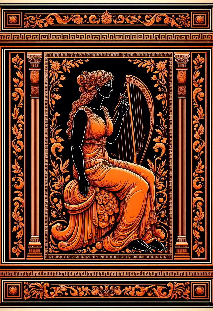 <lora:ElysnDrms_flux_EliPot:1>, grkptt, limited palette, orange theme, black background, two-tone color scheme orange black ancient greece goddess aphrodite sitting in a garden playing the harp